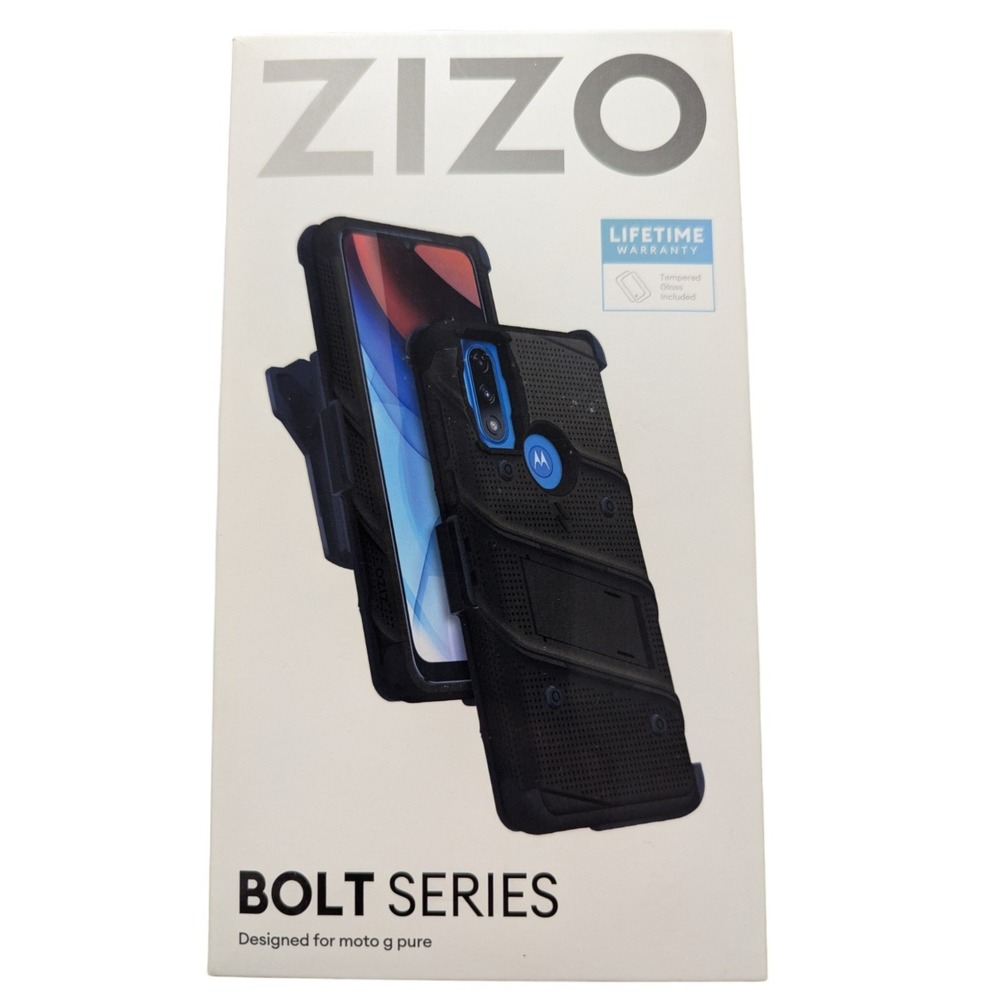 Y9. For Motorola Moto G Pure - ZIZO BOLT Bundle Case with Tempered Glass - Black